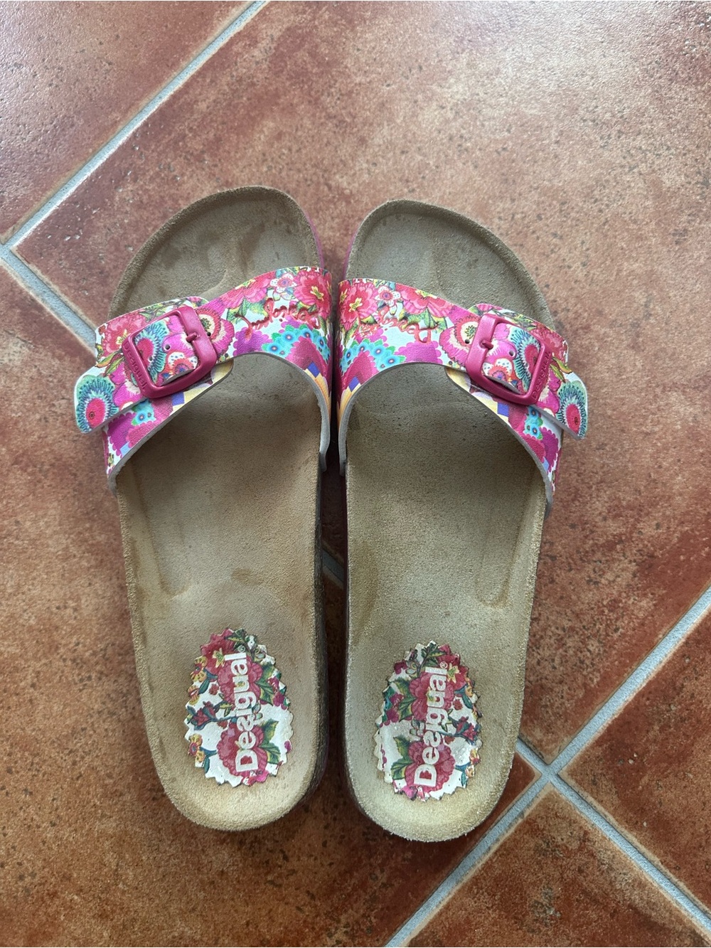 Desigual Pink Floral Buckle Slide Sandals